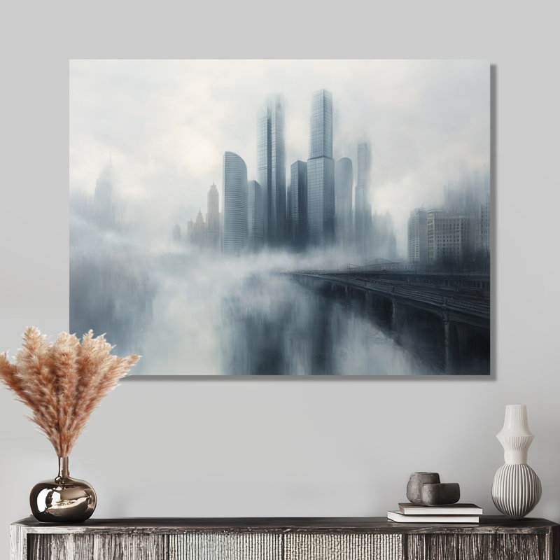 «Rainy Skyscrapers In Chicago - Chicago, art mural, impression sur toile paysage urbain gris, H 34 po x l 44 po, Toile tendue