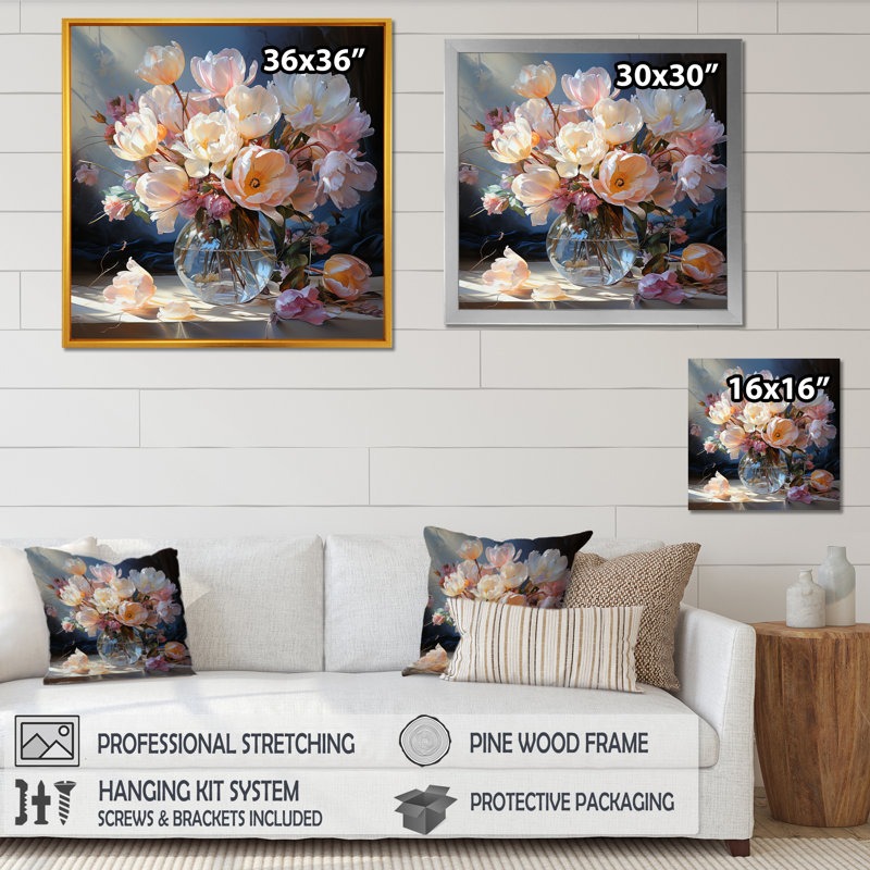 Tulipes, bouquet de natures mortes III sur toile, Cadre flottant blanc, H 30 po x l 30 po x P 1 po