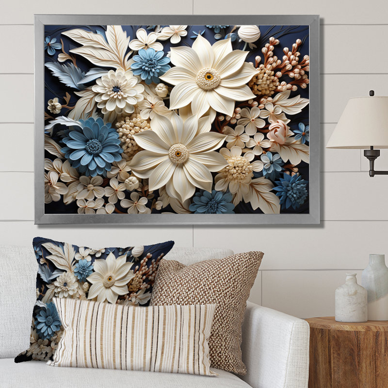 «White Blue Wildflowers Natures Tapisserie II», reproduction sur toile, H 34 po x l 44 po x P 1,5 po, Cadre simple argenté