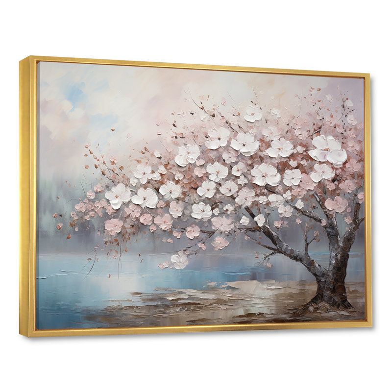 «Pink and Grey Cherry Blossom Charm I», art mural encadré de fleurs, H 12 po x l 20 po x P 1 po, Cadre flottant doré