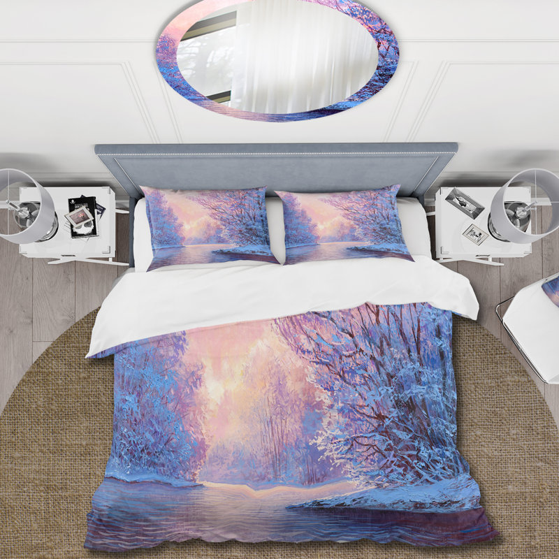 Winter Landscape With The River Original - Ensemble de housse de couette Lake House - Microfibre de polyester
