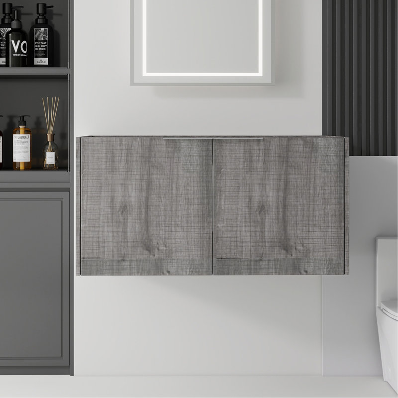 Armoire de meuble-lavabo flottant 36 po, contreplaqué, portes doubles à fermeture douce, rangement intérieur spacieux, fixation murale, armoire seulement, lavabo non inclus, gris