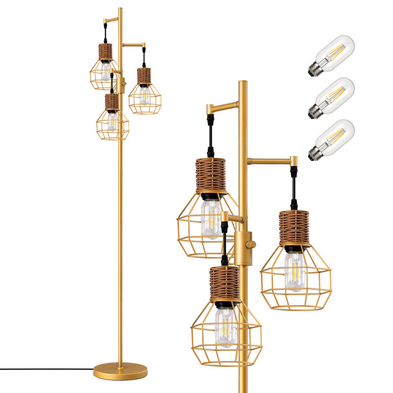 Gold 65" Rattan Tree Floor Lamp with Dimmable Bulbs