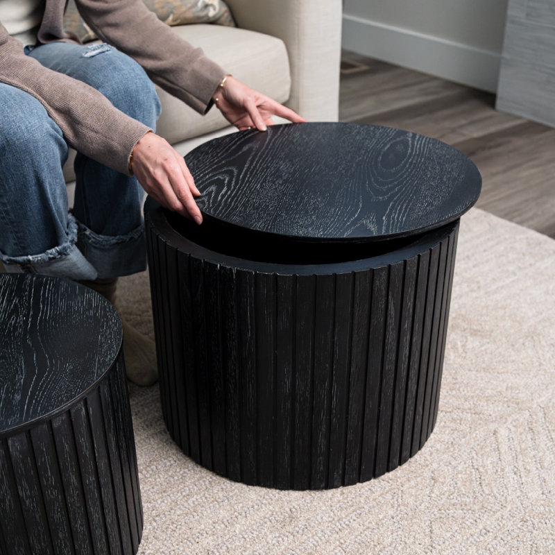 Maven Lane Austin Round Wood Nesting Coffee Tables with Storage, Black