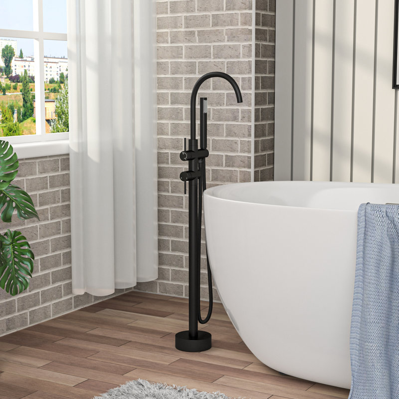 Robinet de baignoire autoportant à 2 poignées avec douche à main, Noir mat