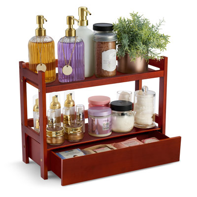 Sorbus 2-Tier Bamboo Counter Organizer with Drawer Bamboo for Vanity, Matcha Station, Bathroom Sink Organizer Countertop, Kitchen & Office Storage - Large, Brown