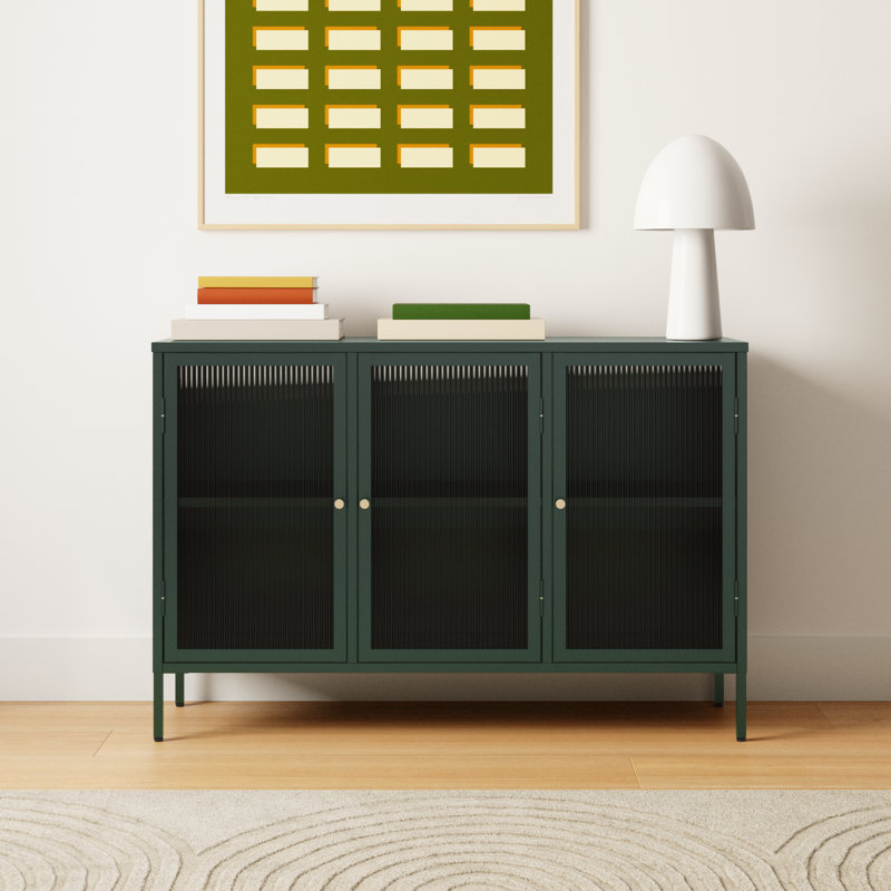 Green Steel and Glass 52'' Sideboard with Gold Hardware