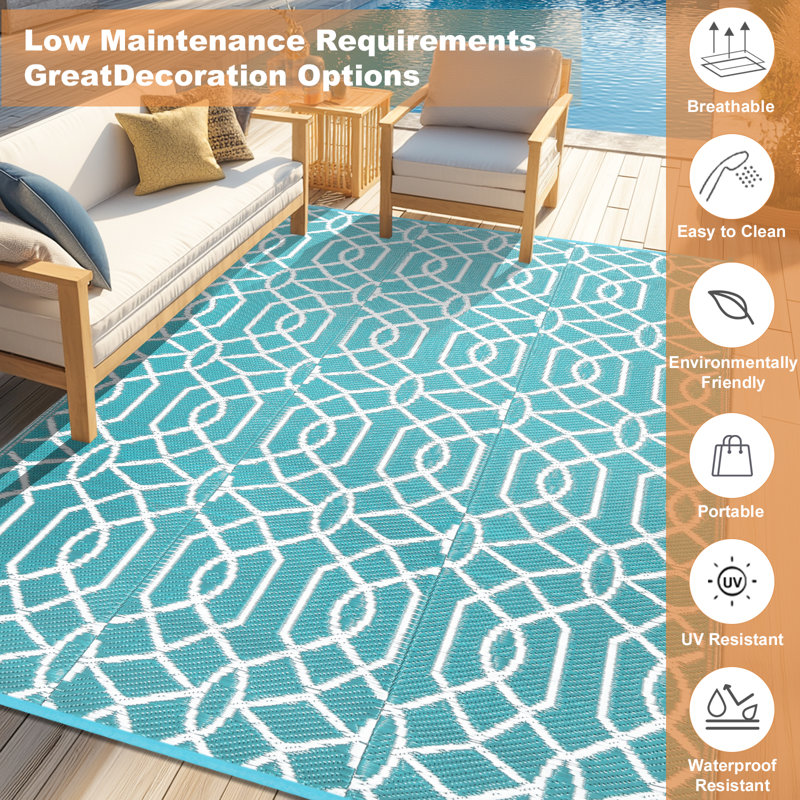 Geometric Reversible Plastic Outdoor Rug Yard Seaside Camping Large Mat, Rectangle 5' x 7'