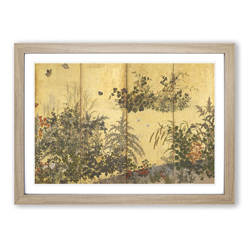 Butterflies & Flowers by Tawaraya Sotatsu - Picture Frame Art Print, Oak Framed, 36cm H x 48cm W x 2cm D
