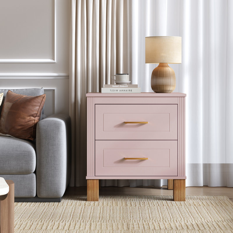 Table de chevet 2 tiroirs, rangement en bois de qualité supérieure avec design cannelé élégant, Pink