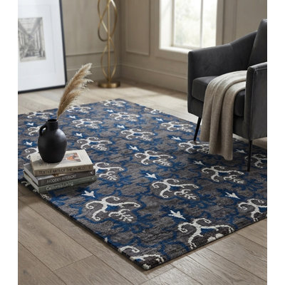 Contemporary Gray White Hand Knotted Silk Rectangle Indoor Area Rug