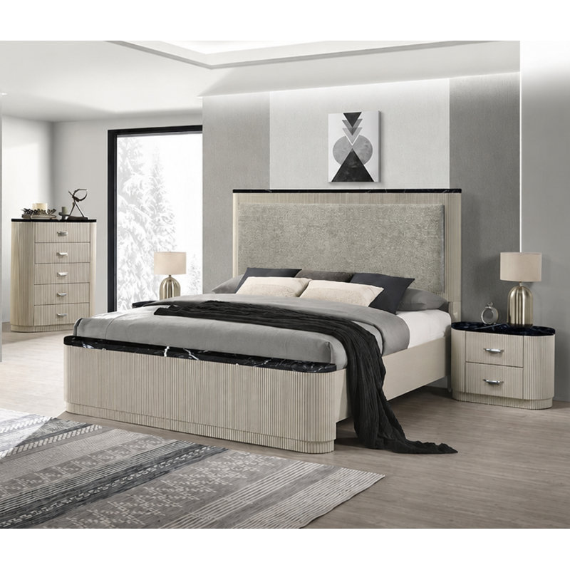 ENSEMBLE DE 4 CHAMBRES Travonte, 4 pièces: lit, 2 tables de chevet, commode, Très grand lit