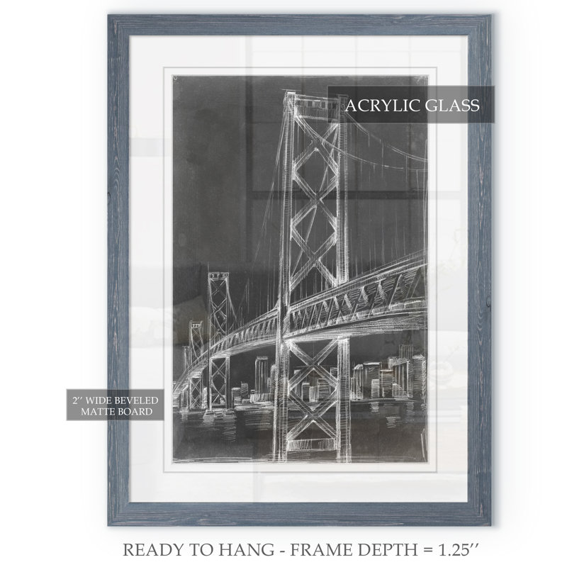 Pont de suspension blueprint ii-reproduction de peinture encadrée, H 28 po x l 38 po x P 1,3 po, Impression encadrée grise
