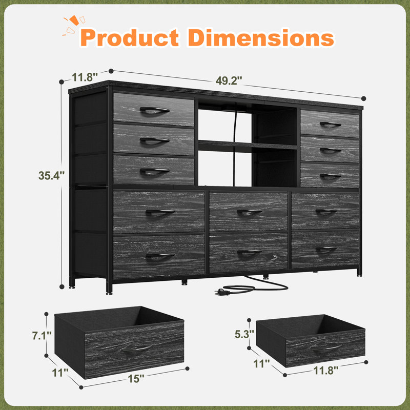 12-drawer Dresser With Led Lights & Outlets - Metal Frame Tv Stand For 60'' Screens, Versatile Use, Black