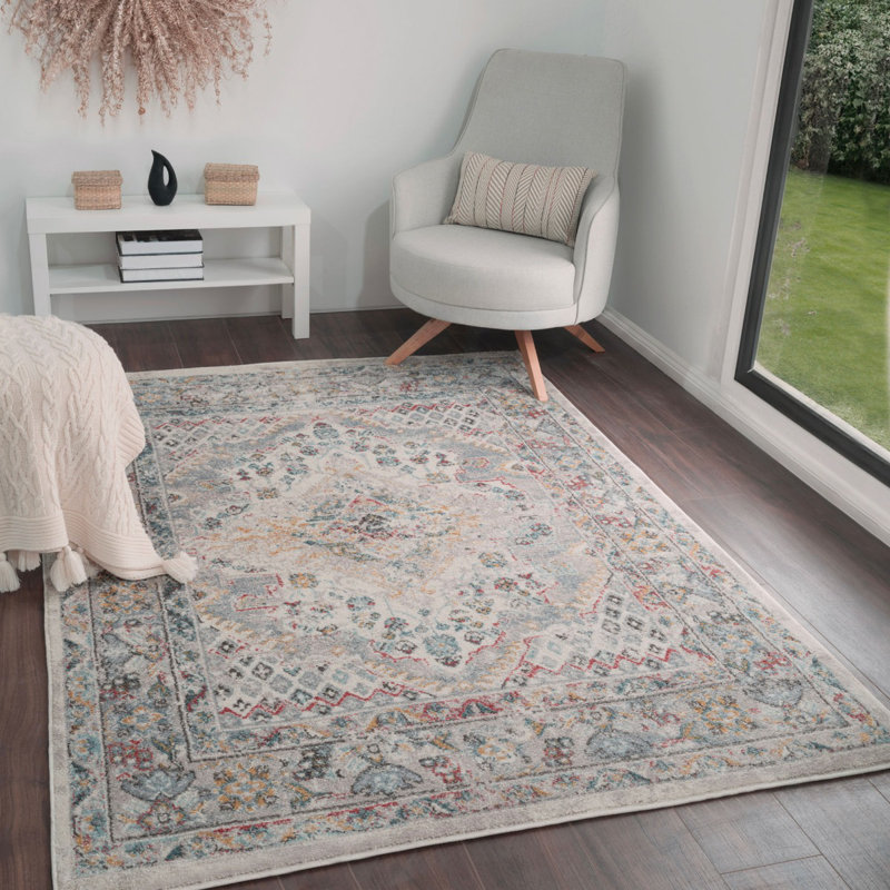 Ice Traditional Rug, Bordered Floral Easy to Clean Rug For Living Room, Dining Room, Bedroom, Rectangle 200 x 275 cm