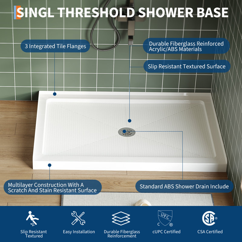 48x32 Inch Center Drain Shower Pan - Single Threshold Base, Non-Slip Textured Surface, Lightweight ABS Shower Base, Easy Install (Includes Drain Kit, White)