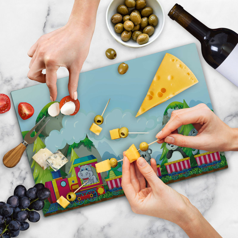 Ambesonne Cartoon Cutting Board Large Size Animals on Train Artwork Multicolor