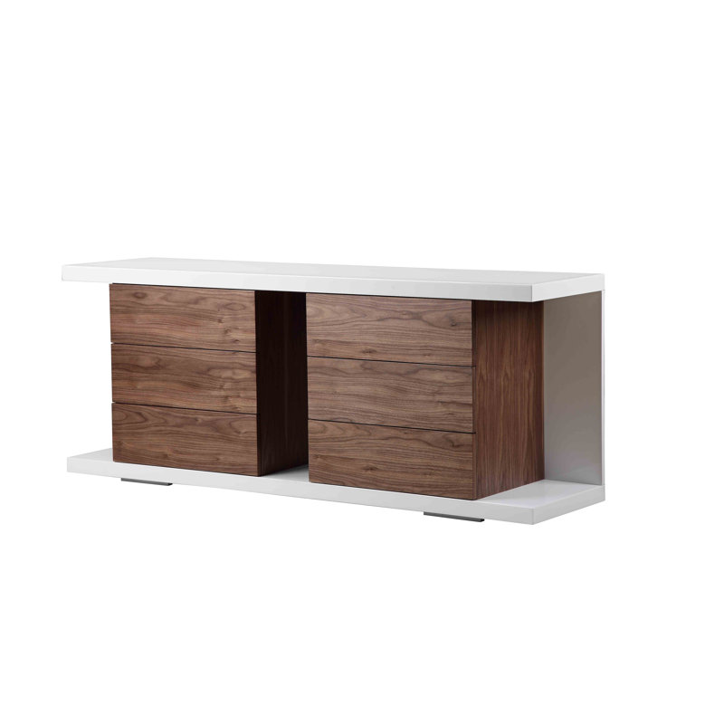 Pangea Home Thite Jamer 71" Wide 6 Drawer Sideboard - FULLY ASSEMBLED - Modern Storage Buffet – Contemporary Sideboard Cabinet, Bedroom Dresser with Drawers for Dining Room, Living Room, Bedroom, or Kitchen - Walnut Wood Veneer and White Glossy Lacquer