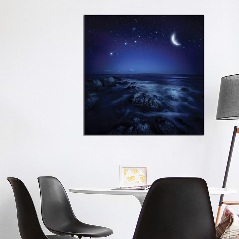 Rising Moon Over Ocean And Boulders Against Starry Sky. 1 Piece Wrapped Canvas Wall Art, 93.98 cm H x 93.98 cm W x 3.175 cm D