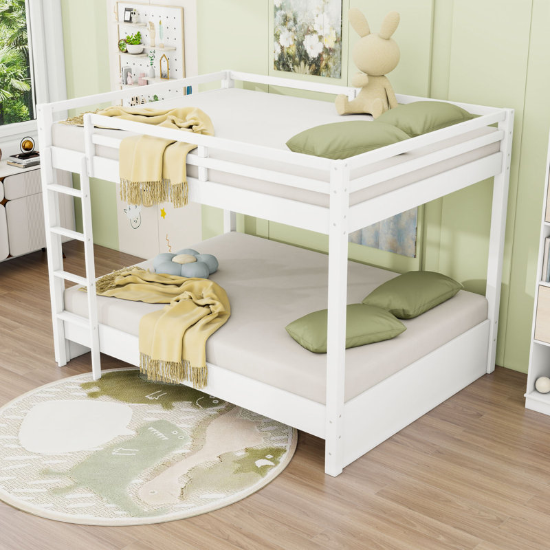 Queen Over Queen Wooden Bunk Bed With Guardrails And Slats, White