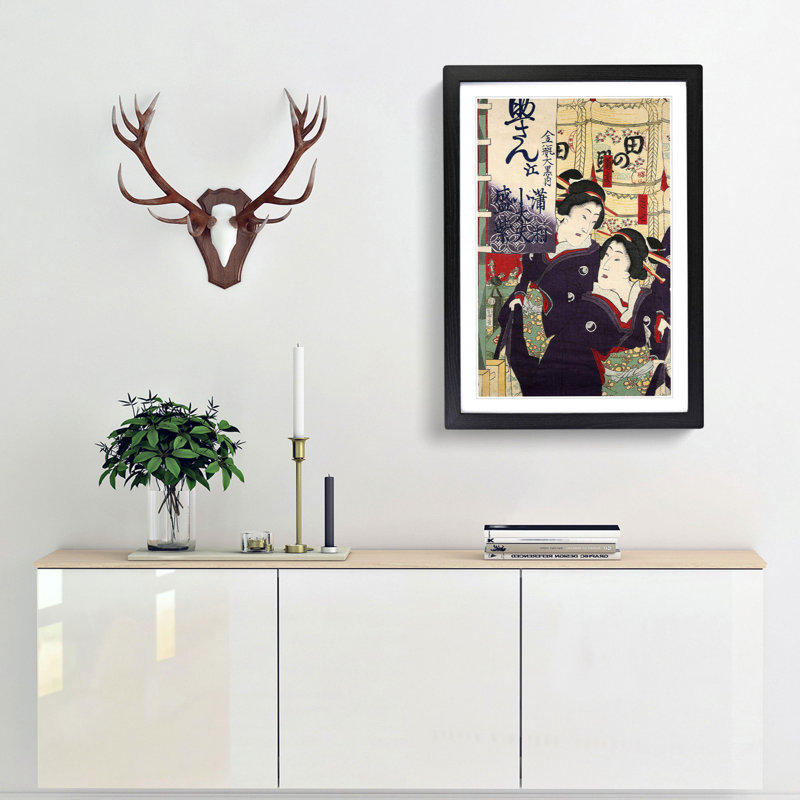 Two Geishas by Toyohara Kunichika - Picture Frame Painting Print, 48cm H x 36cm W x 2cm D, Black Framed