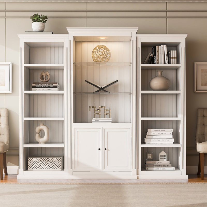 Vitrine 3 pièces de 78,75 po de hauteur avec bibliothèque et plafonnier réglable à DEL 5 couleurs, tablettes de style rétro avec tablettes en verre trempé pour salon, bureau, studio ou espace de travail, blanc