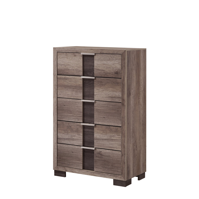 Commode contemporaine 1 pièce à cinq tiroirs avec boutons en métal brun et gris