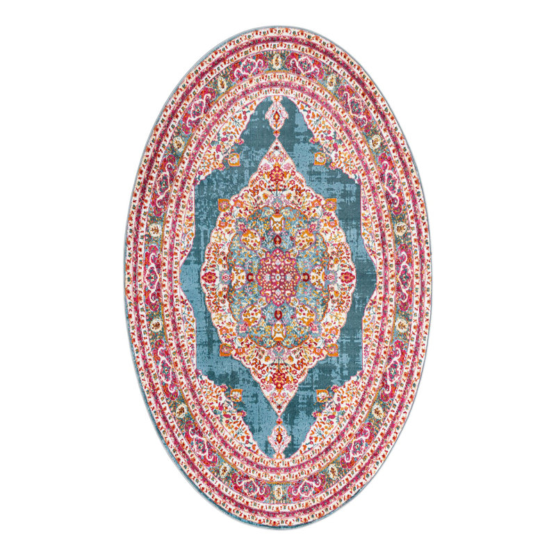 Tapis à motif oriental turquoise Folmar, Ovale 5 pi x 8 pi