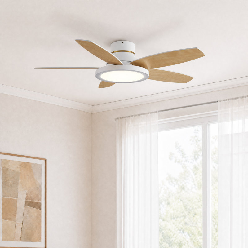 Ventilateur de plafond encastré à 5 pales de 42 po à 5 pales avec lumière RVB réglable et télécommande, Bois naturel / blanc