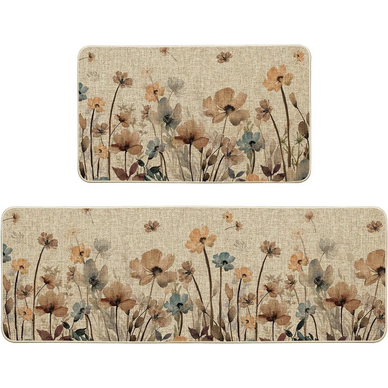 Kitchen Rugs - Brown, Poppy Floral Leaves, Spring Table Décor, Set Of 2