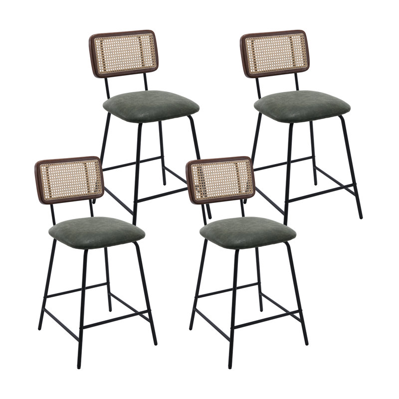 Dark Green Metal and Rattan Counter Height Bar Stools Set