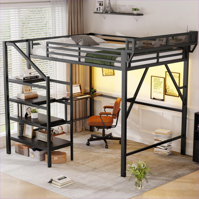 Structure de lit mezzanine en métal noir élégant avec bureau pliable et station de charge, idéale pour les adolescents et les chambres d'adultes