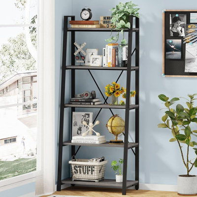 5-Tier Leaning Ladder Shelf, Industrial Style Bookcase With Wood And Metal Frame, Sturdy Storage Solution For Living Room, Bedroom, Home Office by 17 Stories