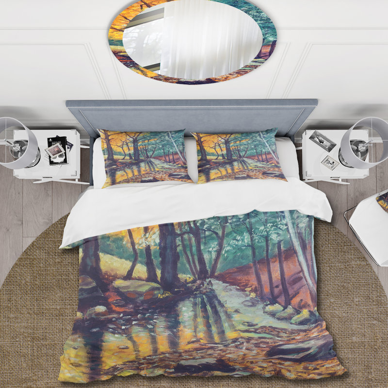 Landscape With River In Autumn Forest Sunset - Ensemble de housse de couette traditionnel - Microfibre de polyester