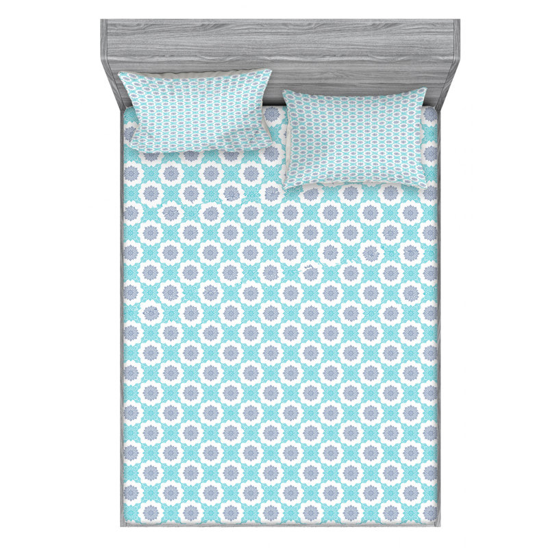 Microfiber Floral Fitted Sheet, Full Sheet Set with Fitted Sheet, Blue/Gray Geometric