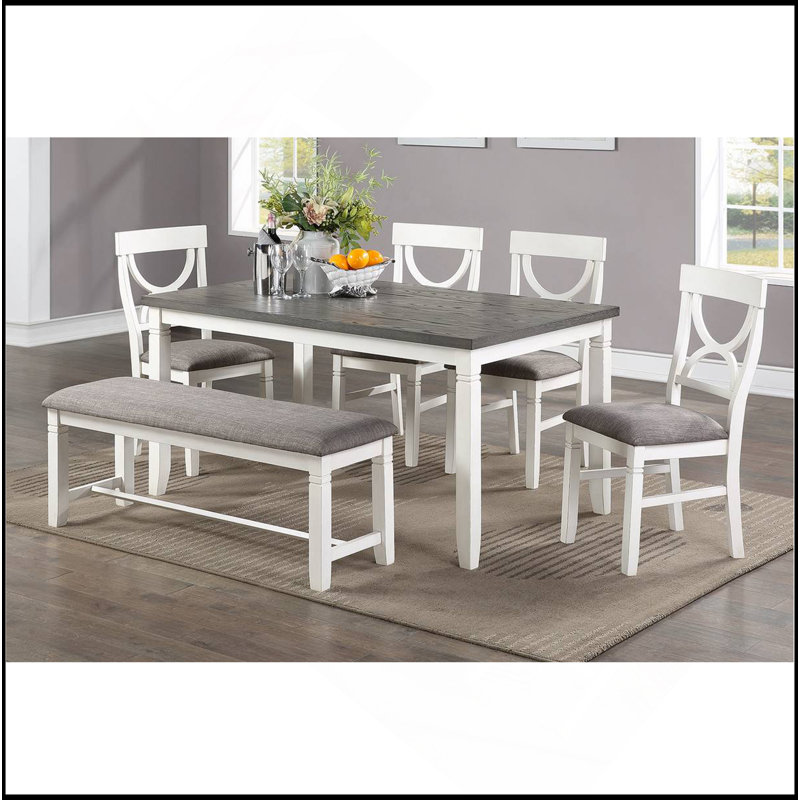 Table de salle à manger 6 pièces avec 4 chaises et un banc en bois d'hévéa