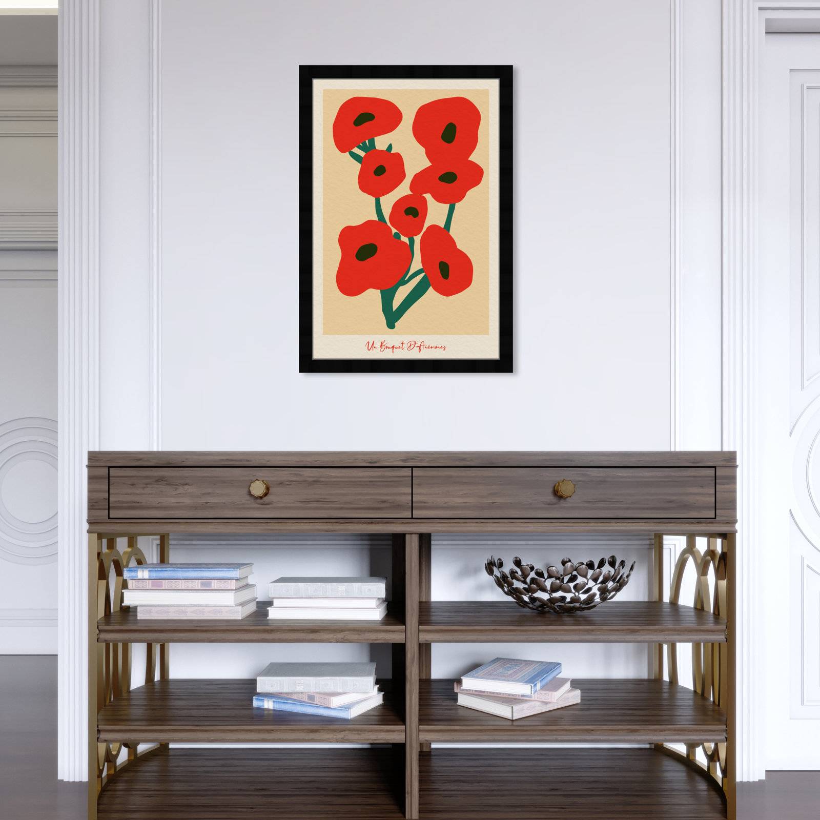 Modern Red Flower Bouquet Print, Black, 26" H x 18" W