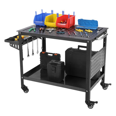Portable Welding Table with Wheels,Welding Table with 5/8”Holes,Slots & Tray,1200LBS Steel Welding Cart for Welding,Sawing,Rolling Welder Table for Shop, (Black, with Tool Tray)