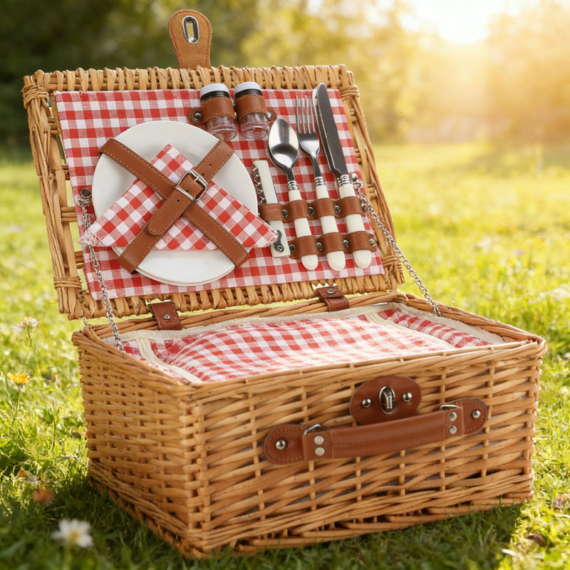 Light Picnic Cooler Basket - Complete Service For 2 With Storage Compartment, 27cm H x 38cm W x 18cm D, Red