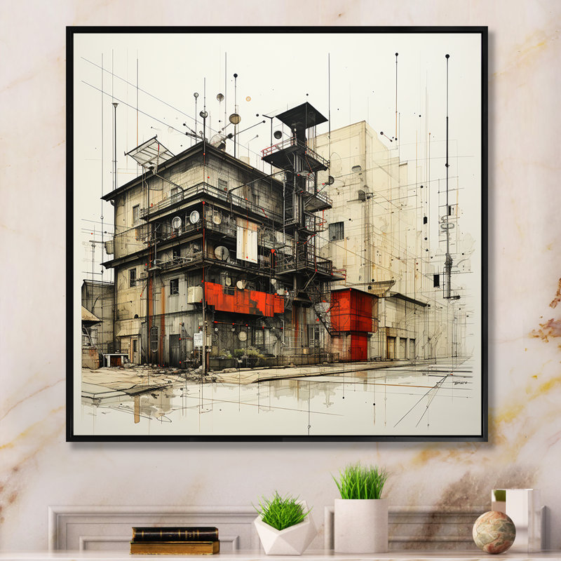 Dessin d'analyse d'un entrepôt II sur toile, Cadre flottant noir, H 30 po x l 30 po x P 1 po