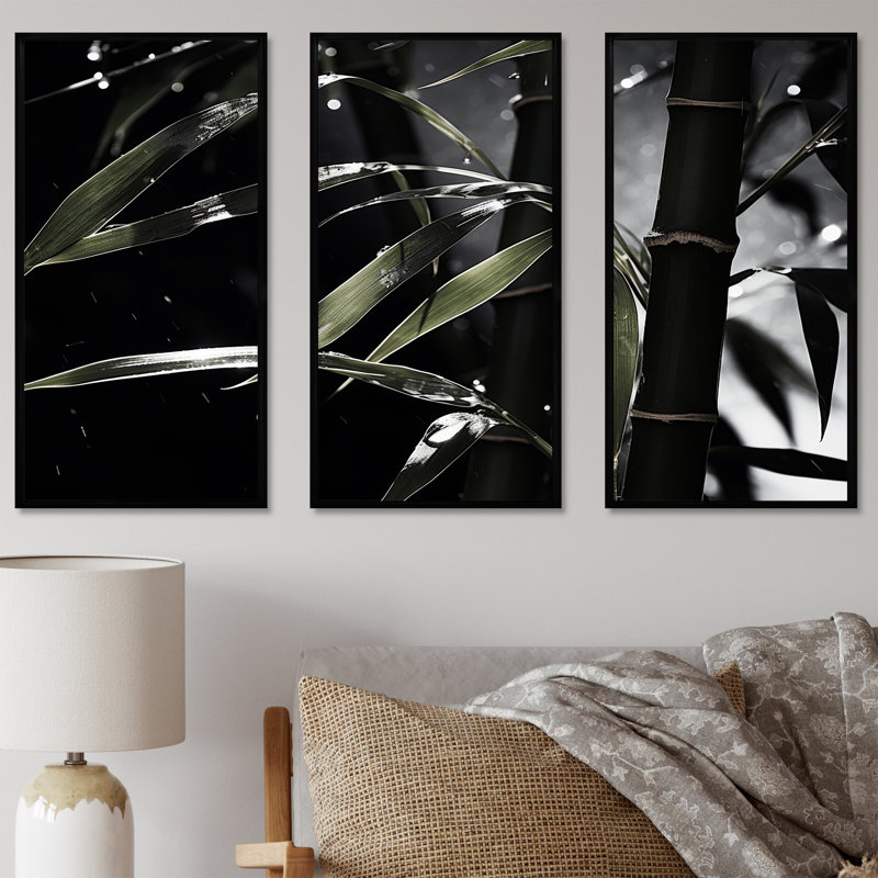 «Black and White Bamboo Photo I», ensemble de reproductions d'art mural en bambou, Cadre flottant noir