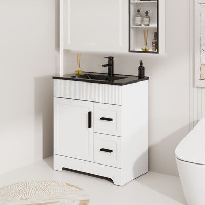30" Single Bathroom Vanity With Black Sink Top, Faucet And Drain, Hand Painted