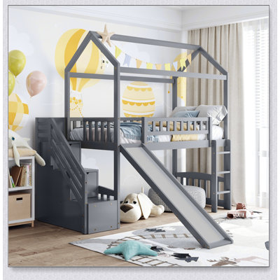 Twin Loft Bed With Two Drawers And Slide, House Bed With Slide
