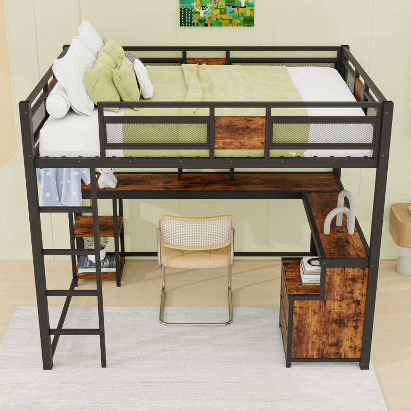 Full Metal Loft Bed With 2 Drawers, Desk And Ladder