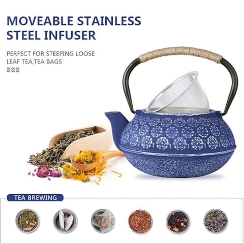 Blue Floral Cast Iron Japanese Teapot Set with 4 Cups