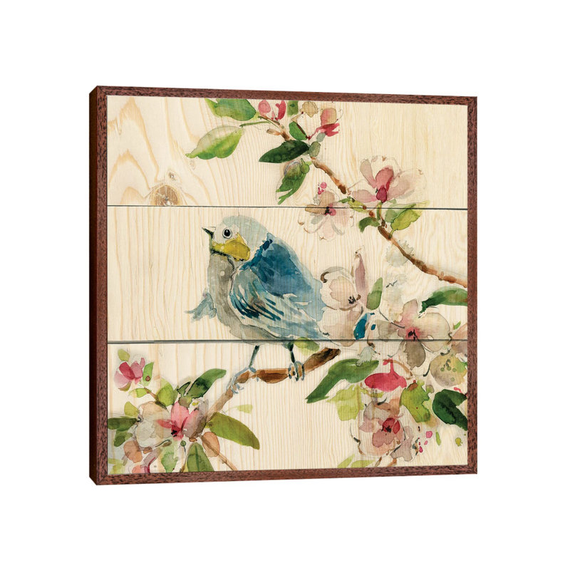 Birds And Blossoms II by Carol Robinson - Painting on Canvas, 45.72 cm H x 45.72 cm W, Classic Brown Wood Framed
