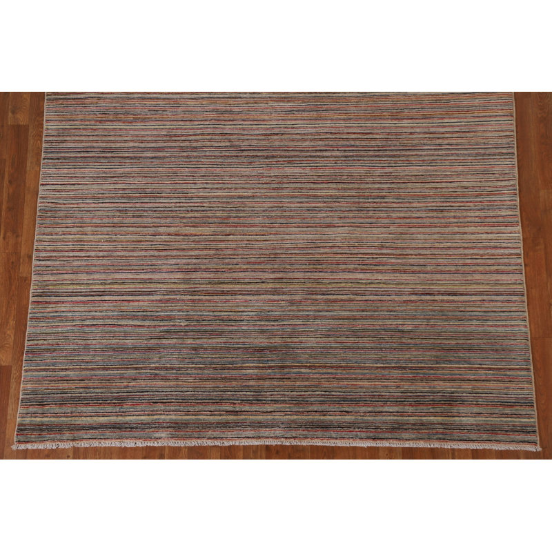 Tapis brun rayé en laine noué à la main 6 pi 3 po x 9 pi 6 po
