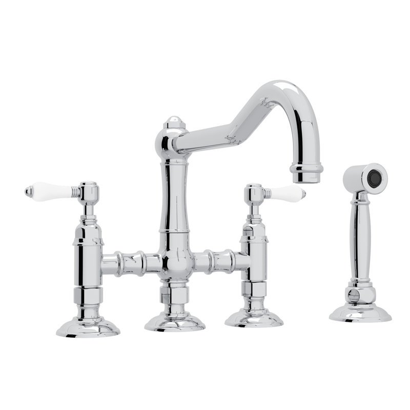 Acqui Bridge Kitchen Faucet With Side Spray, Polished Chrome, Porcelain Lever Handle