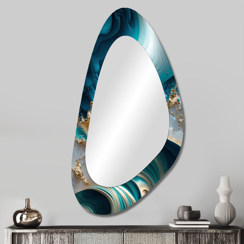 Abstrait géométrique turquoise III - miroir mural de forme unique en marbre, miroir décoratif asymétrique turquoise, impression d'art en métal