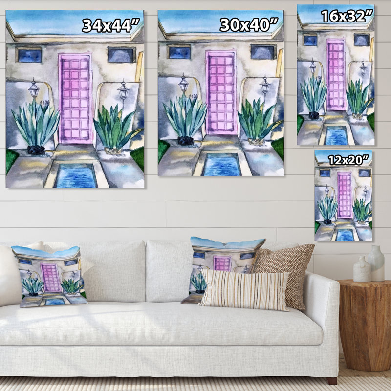 Porte rose de la maison tropicale - Peinture sur toile, H 32 po x l 24 po, Toile tendue